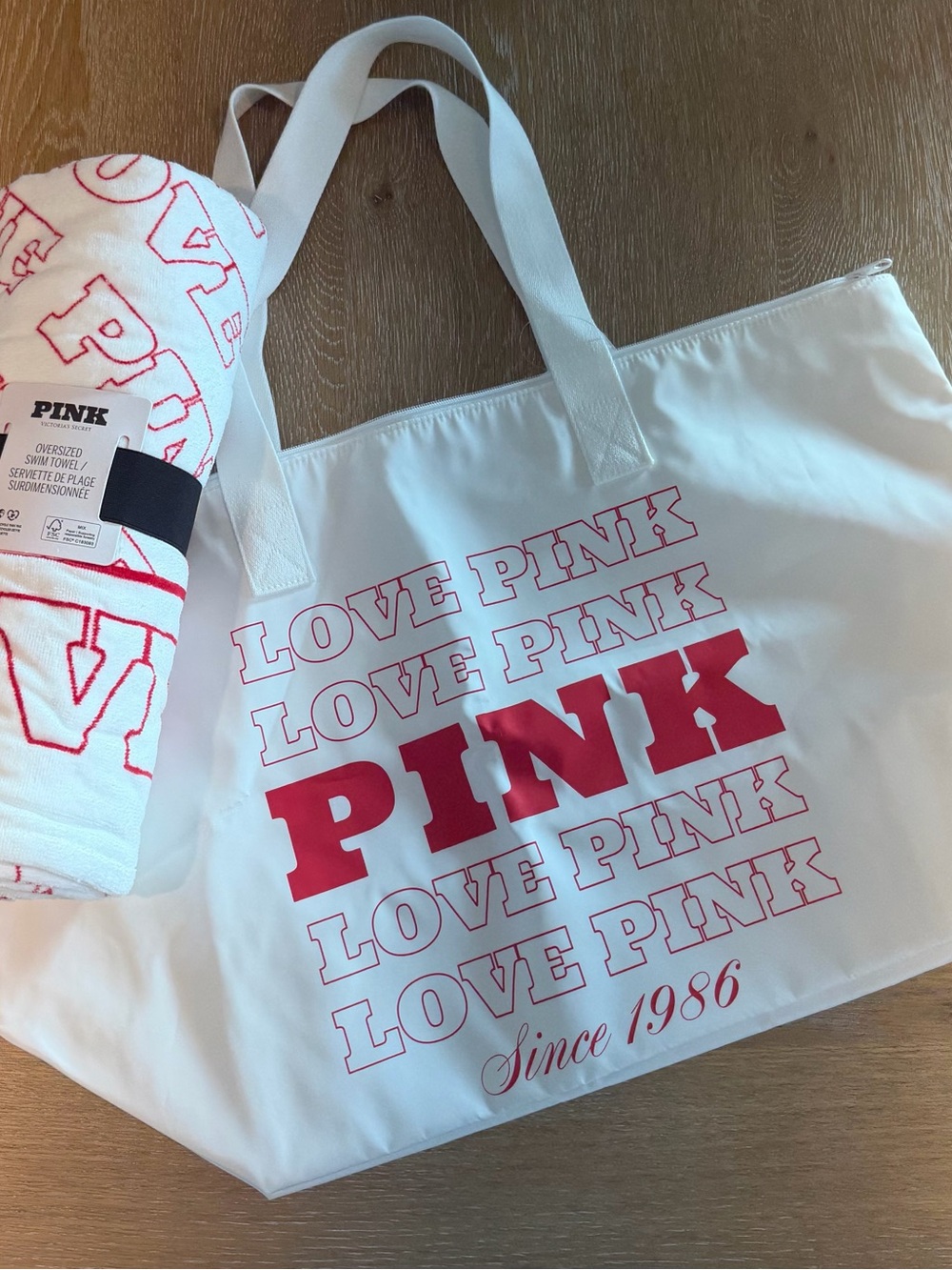 Victoria's Secret Love Pink White and Red Tote and matching Towel